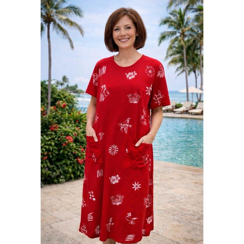 VTG Donna Red Maxi Dress Short Sleeve Nautical Solid Print White Pockets Large